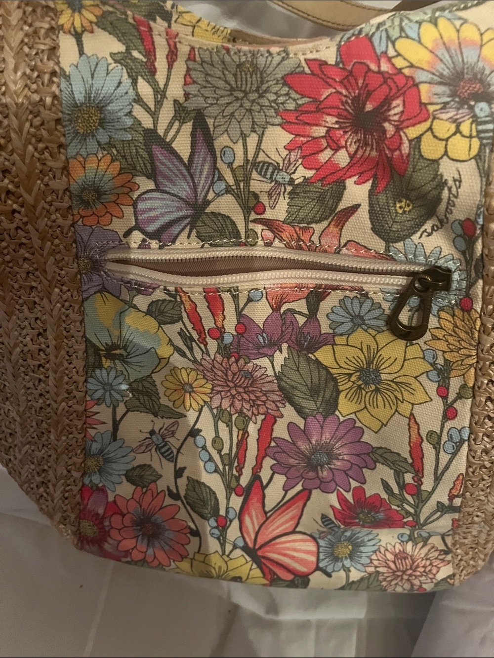 Sakroots Beige Straw Tote with Multicolor Floral Panel - Picture 16 of 16